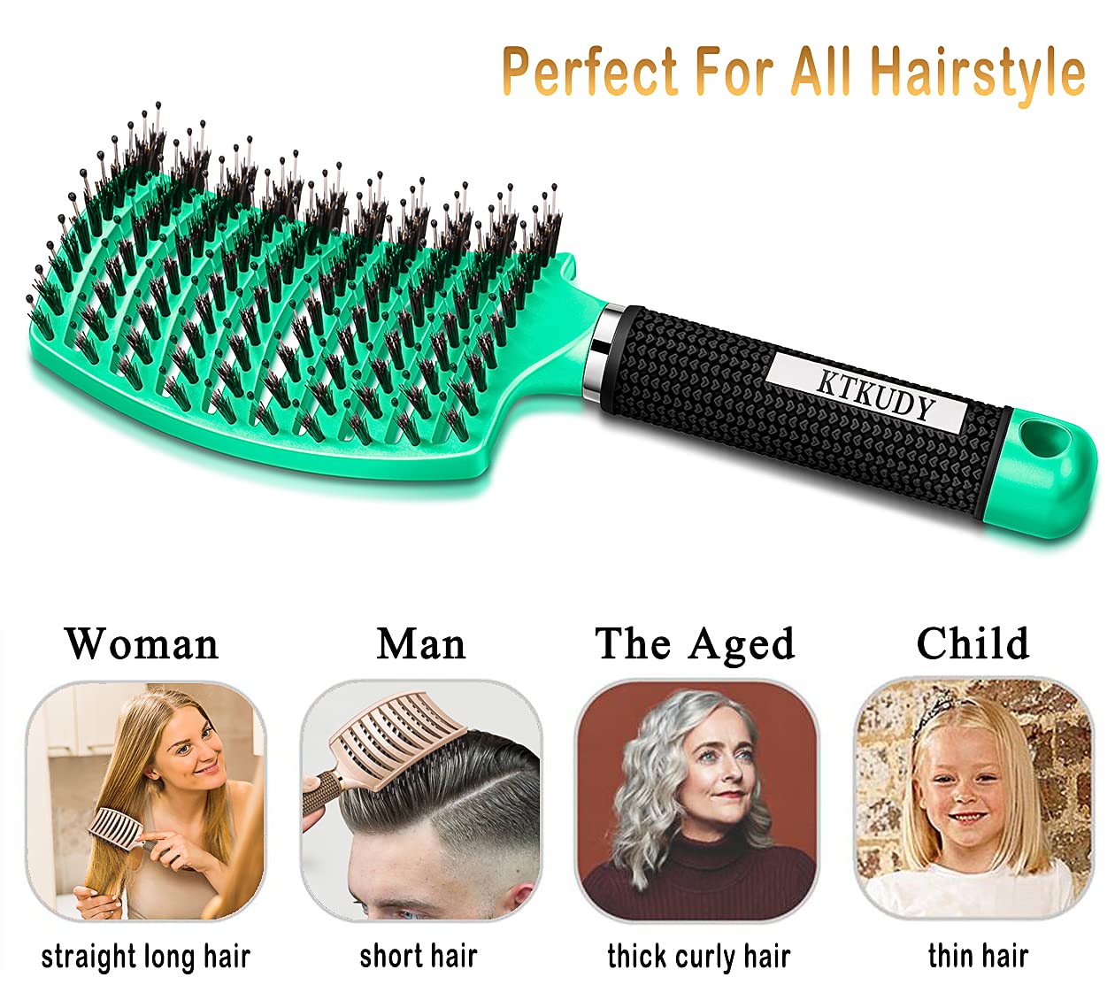 KTKUDY Detangling Brush Boar Bristles Hairbrush Make Hair Shiny & Healthier Curved and Vented Detangler Brush for Women Men Kids Wet & Dry Hair (Light green)