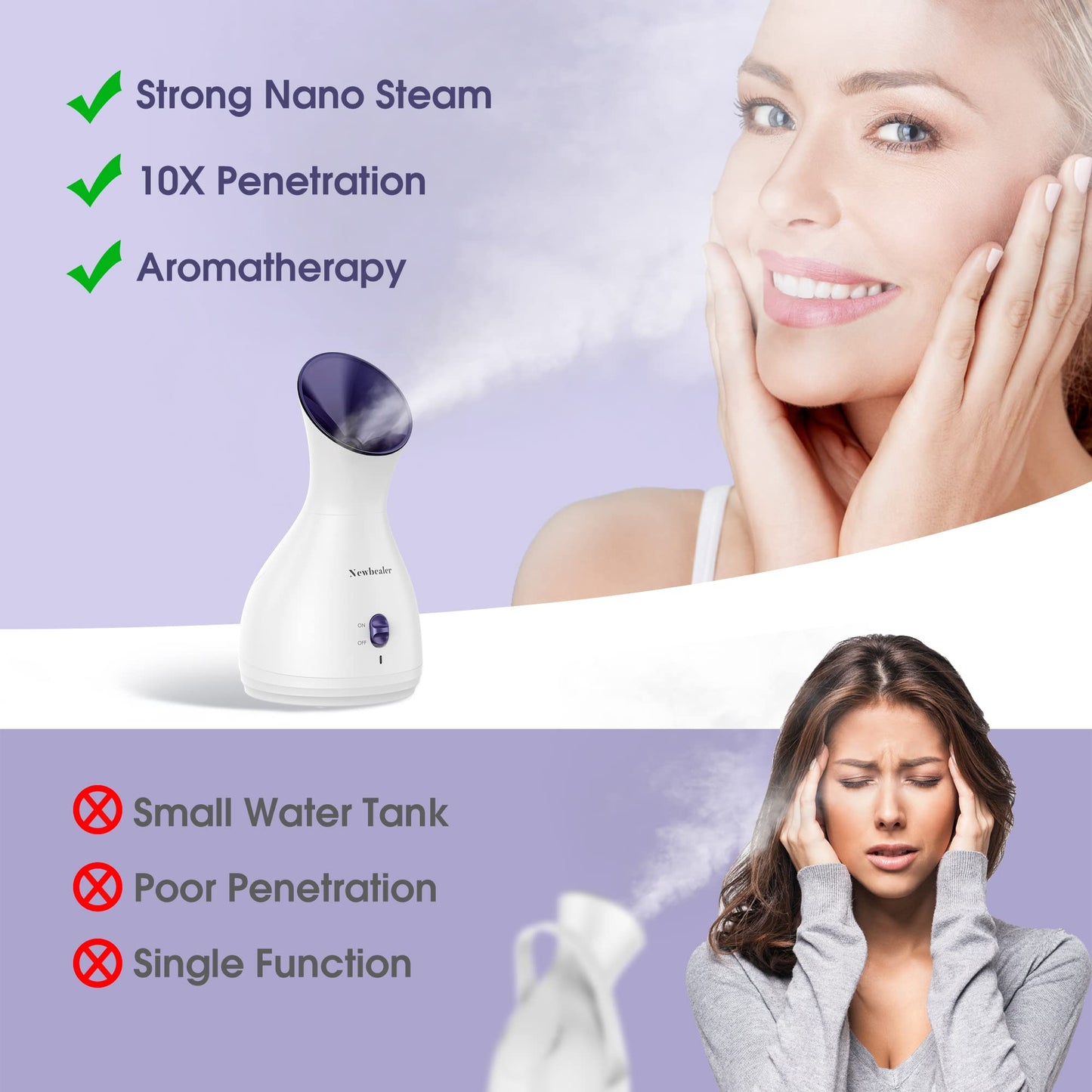 Newbealer 2in1 Facial Steamer, Hot Mist Facial Aromatherapy Humidifier Atomizer, Large Face Steamer Unclogs Pores Sinuses Moisturizing, Home Sauna Spa with Eyebrow Set (Purple, 170ml)