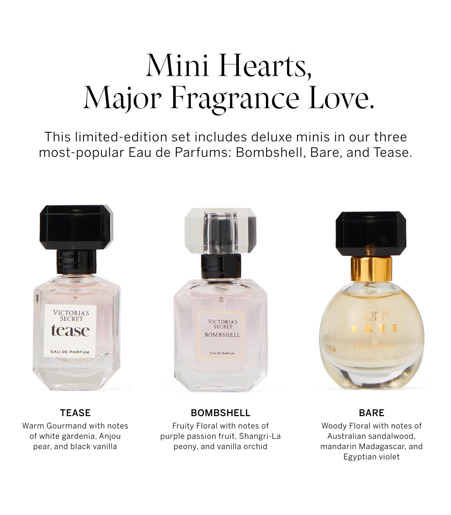 Victoria's Secret Deluxe Mini Fragrance Trio, Eau de Parfume Giftset for Women, Includes Bombshell, Bare and Tease Perfumes