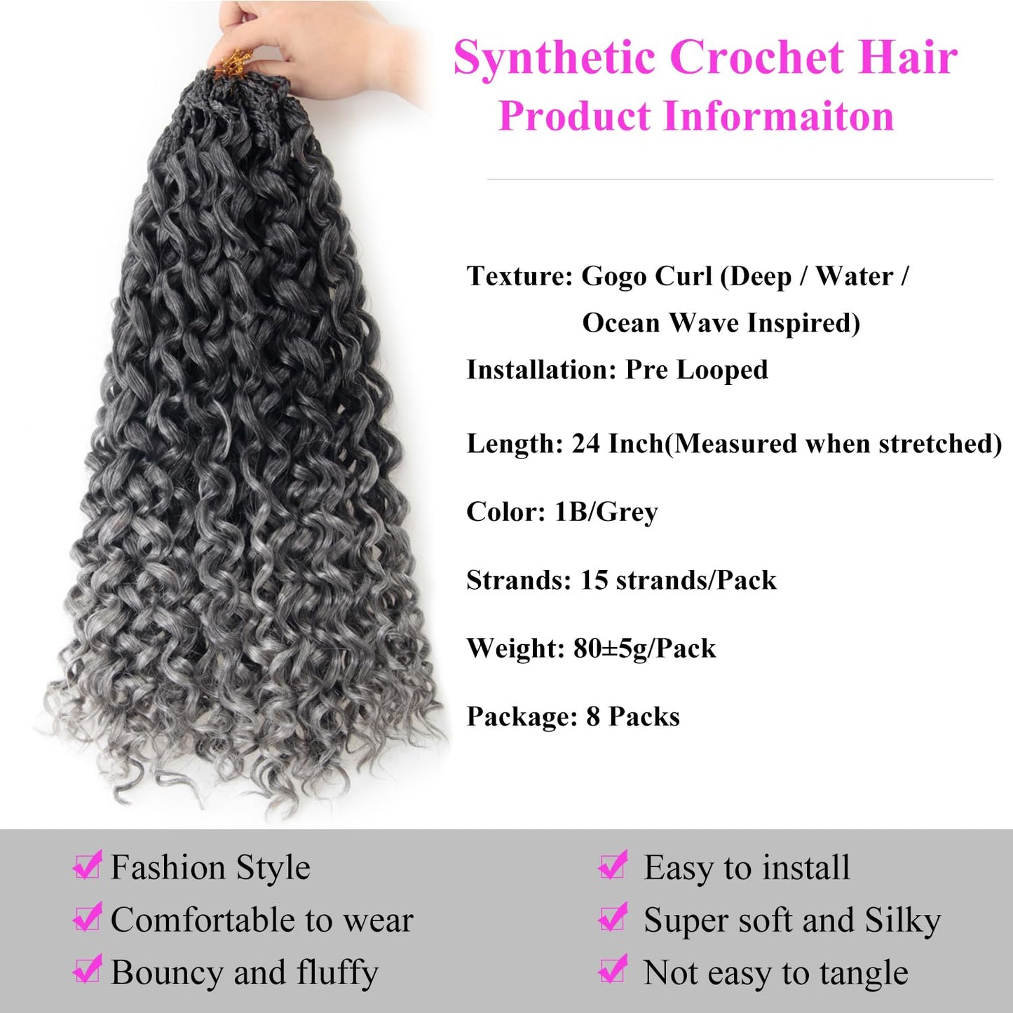 XSASLYET 24 Inch Pre Looped Crochet Hair for Black Women–Gogo Curl Curly Crochet Hair with Deep/Water/Ocean Wave Texture, Lightweight Synthetic Hair, Easy Install, Natural Look (8 Packs, 1B/Grey)