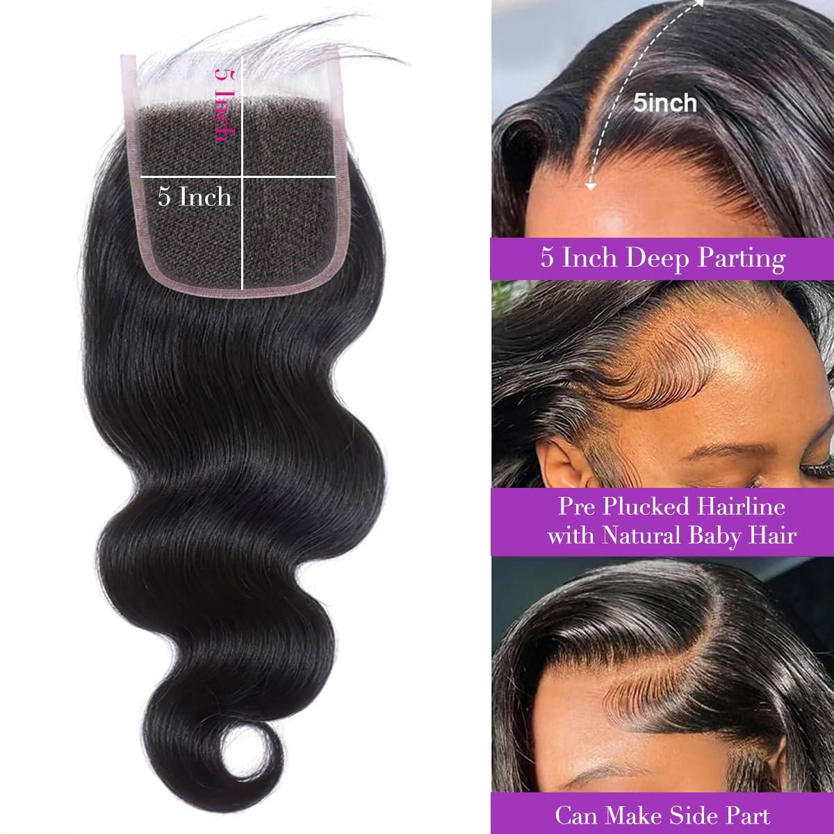5x5 HD Lace Closure Body Wave lace Frontal Closure Ultra-thin Invisible Transparent Lace Closure Human Hair Pre-Plucked Brazilian Human Hair Closure Natural Color 18 Inch