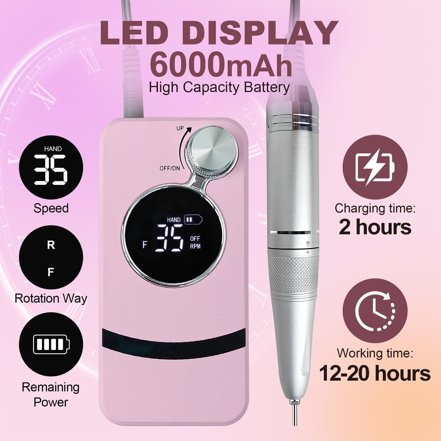Electric Professional Nail Dril 35000RPM Pink Nail File for Acrylics Gel Nail Polish Remove Cordless Portable Rechargeable Nail Drill Kit for Home Salon Manicure Pedicure