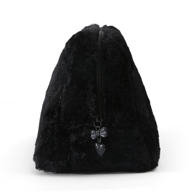 Juicy Couture Black Makeup Bag Cosmetics Organizer Travel Essentials Zip Top Wedge Faux Fur Rhinestone