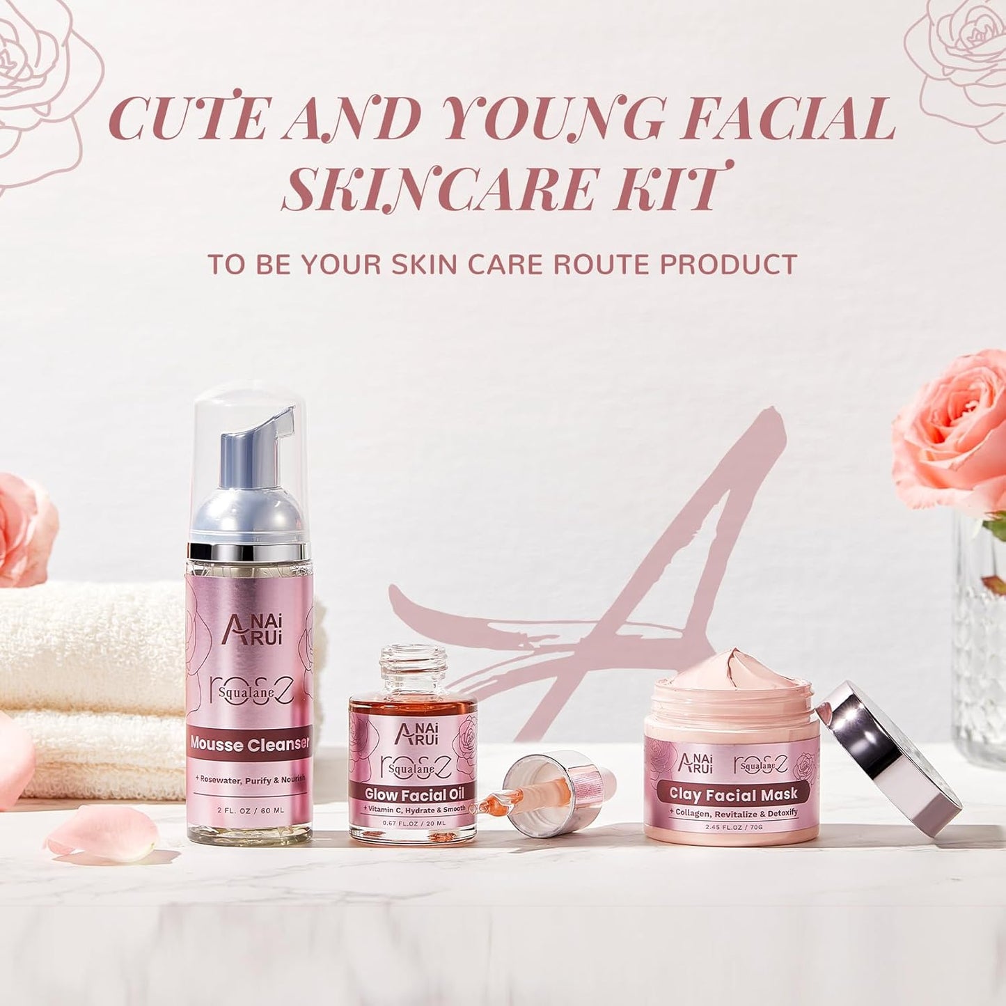Hydrating Rose Skincare Gift Set - Purifying Facial Kit with Squalane, Clay Mask & Oil | Perfect Holiday Gift for Women