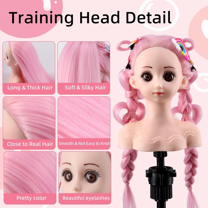 Anstar Mannequin Head with Hair, Doll Head for Hair Styling Training Head Manikin Practice Cosmetology Styling Hairdressing Training Braiding Heads with Clamp Holder (Pink)