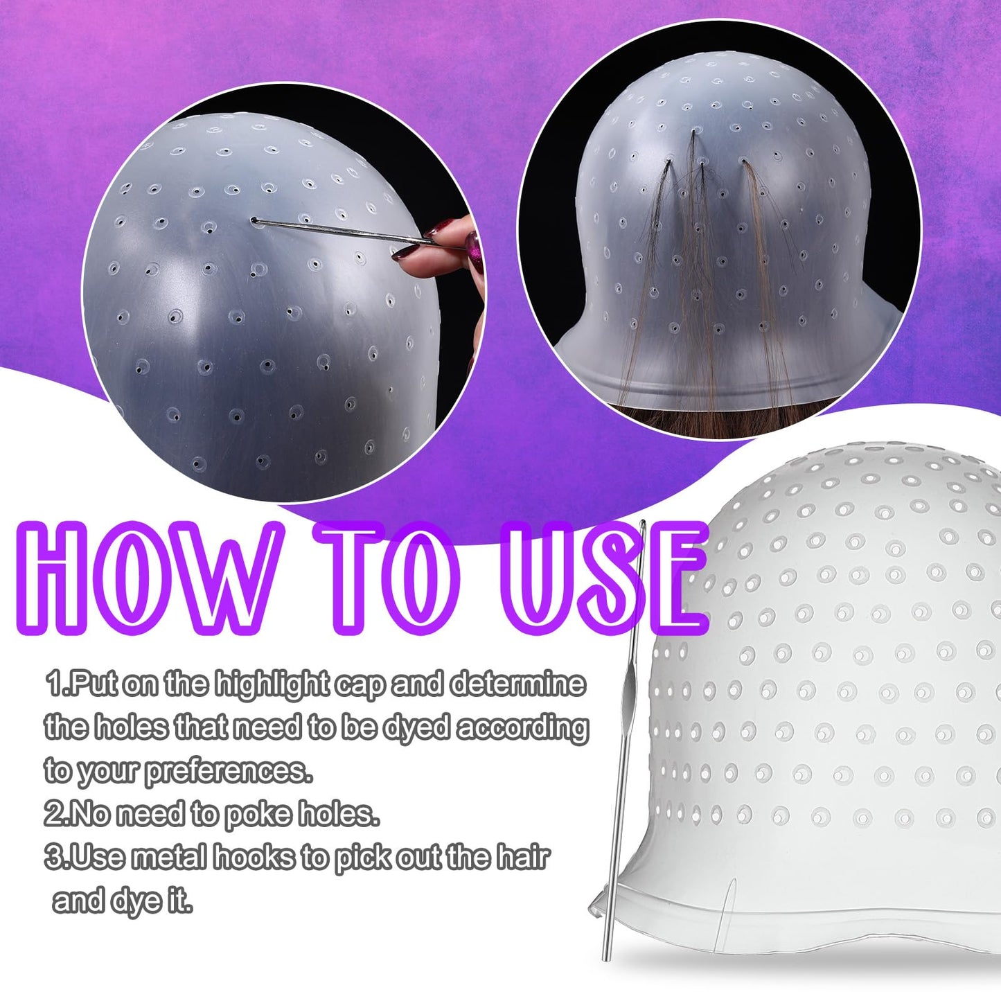 2 Pcs Hair Coloring Highlighting Cap Reusable Silicone Highlight Cap Pull Through Caps for Hair Coloring Frosting Cap with Hook Hair Dye Cap with Holes Hair Salon Tools Hairdressing Highlighting Kit
