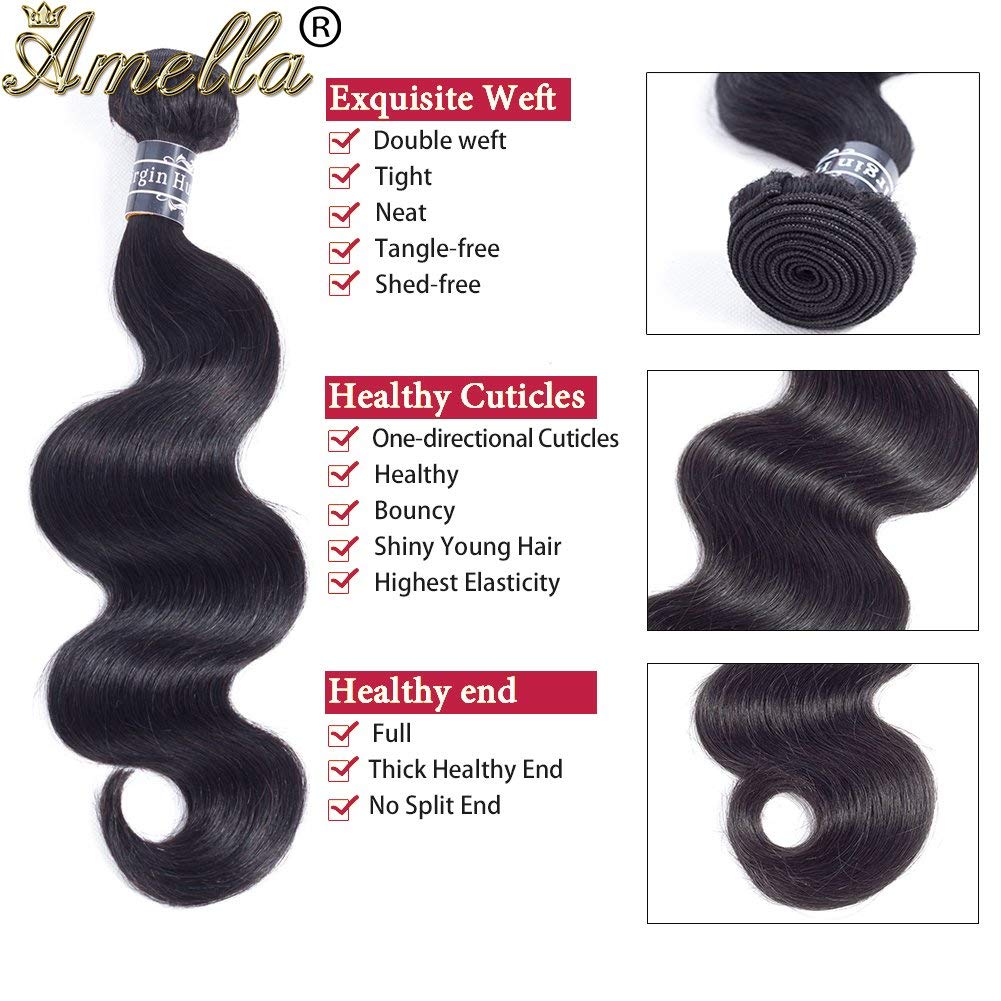Amella Hair Brazilian Body Wave One Bundle 22inch 100% Unprocessed Brazilian Virgin Natural Black 8A Body Wave Human Hair Weft
