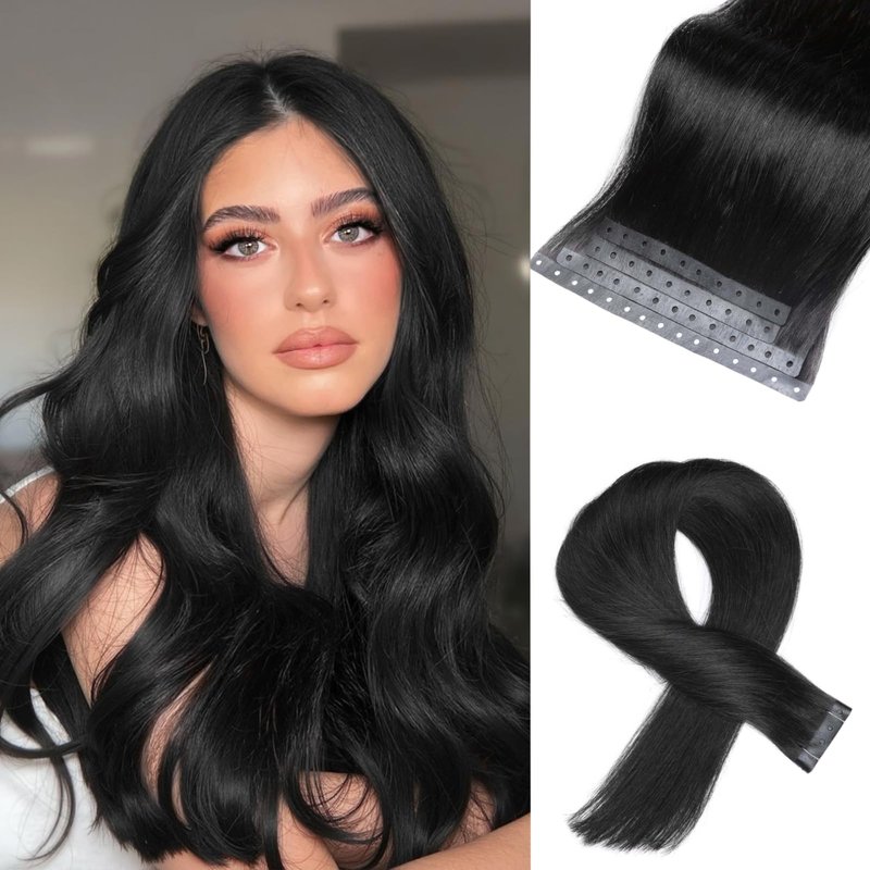 Remy Human Hair Extension Micro Ring PU Hair Extensions Invisible Beaded Weft Hair Extensions Human Hair Tape in Weft in Hair Extension Human Hair for Women Natural Black (30g 4Pcs,14 Inch)