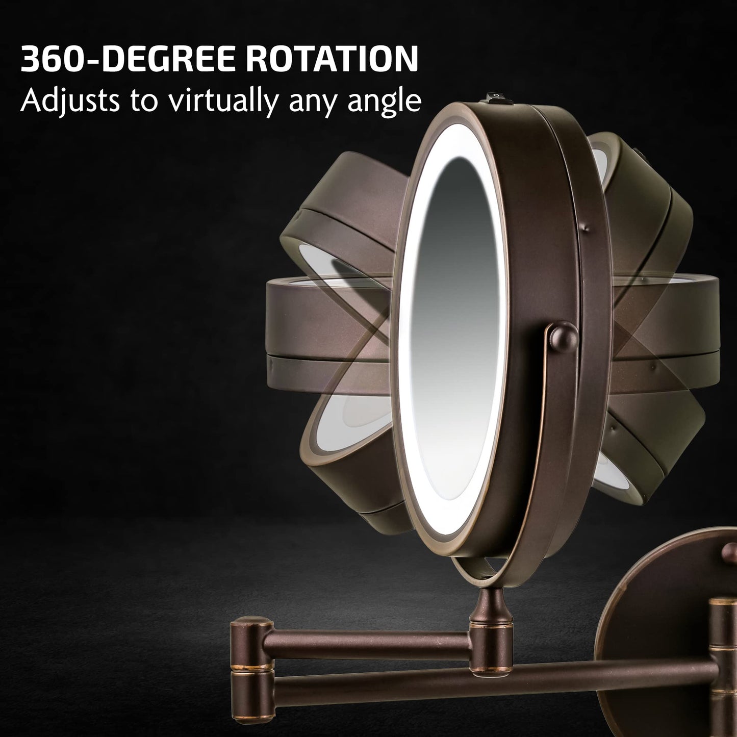 OVENTE Wall Mounted Lighted Makeup Mirror, 7" Double Sided 1X/7X Magnifying Vanity Mirror for Bathroom with LED Lights, Cordless, 360° Rotation and 13" Extendable Arm, Antique Bronze MFW70ABZ1X7X