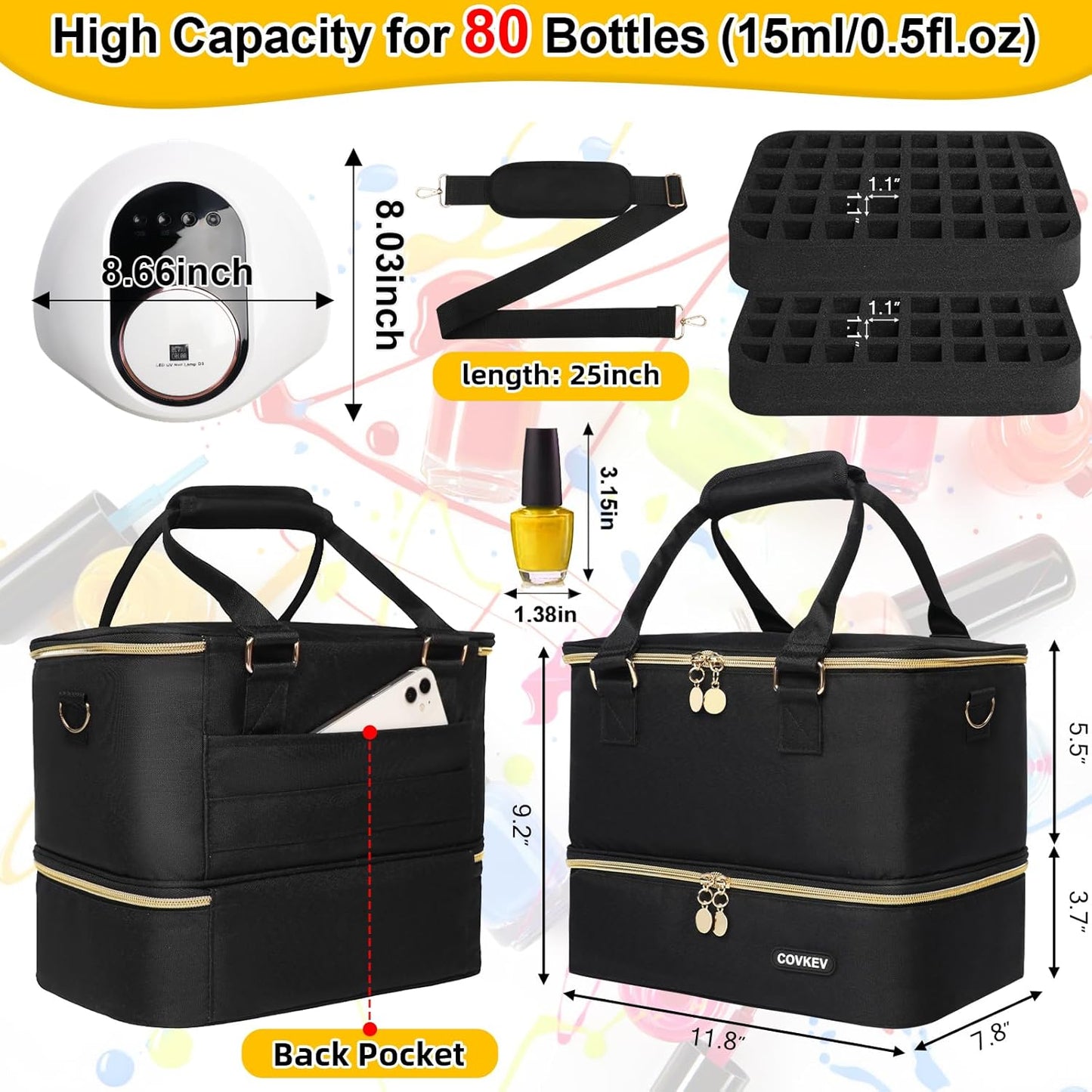 Nail Polish Organizer - Holds 80 Bottles & Nail Lamp | Double Layer Travel Case with Handle - Black & Gold