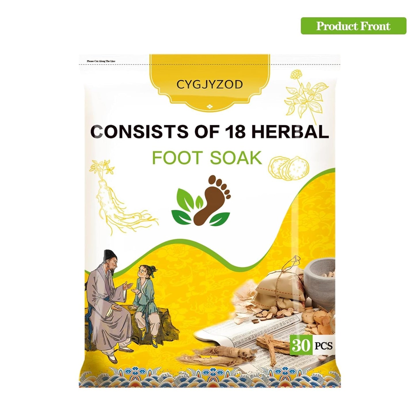 Ginger Herbal Foot Soak Set - 30 Detox Bags for Dry & Cracked Feet | Lymphatic Drainage