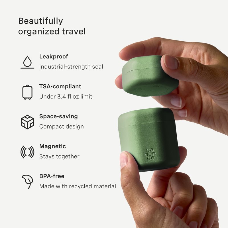 Cadence Travel Containers - 2pk (1 Small, 0.56oz + 1 Medium, 1.32oz), Eucalyptus - TSA Approved, Leak Proof, Magnetic Basic Body Care Capsules - Carry On Travel Essentials - Body Wash & Lotion Labels