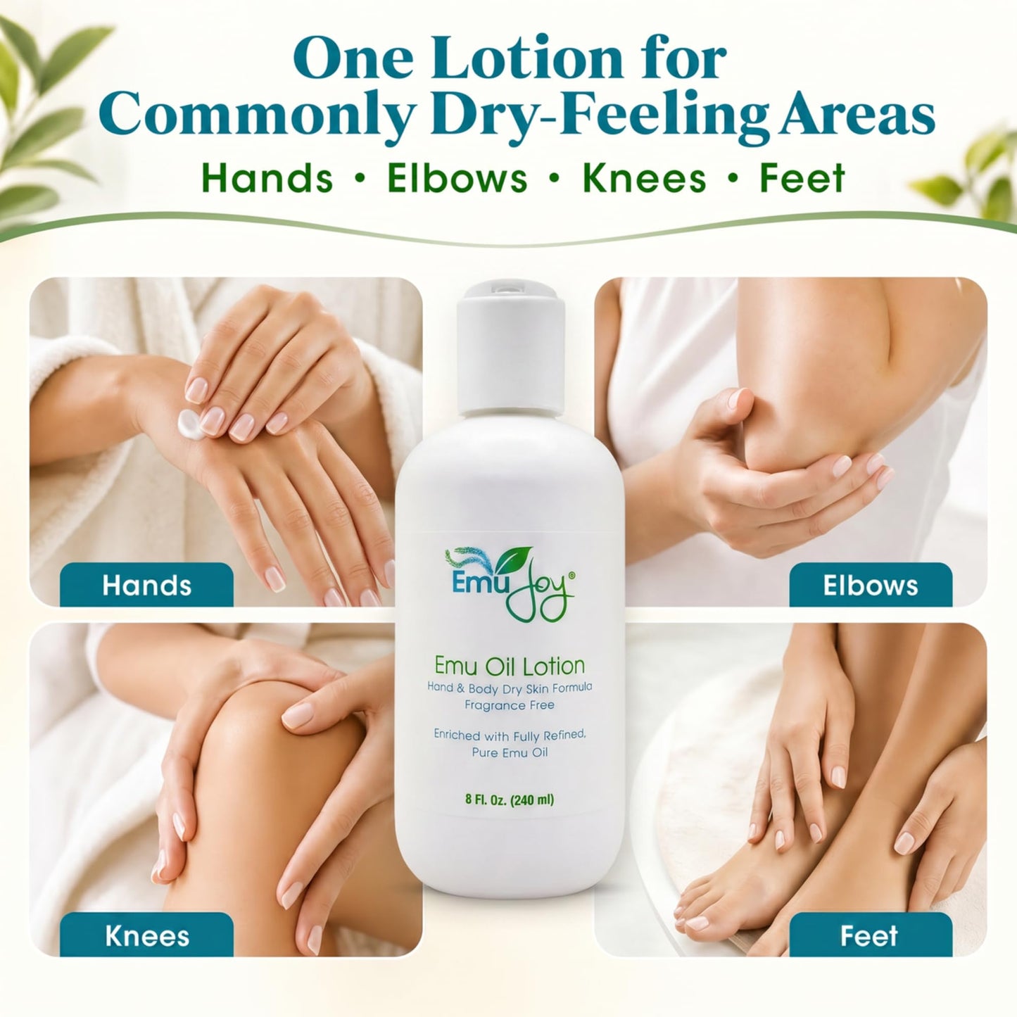 Emu Joy Emu Oil Lotion - Fragrance Free Hand & Body Lotion for Dry Skin - Non-Greasy Unscented Body Moisturizer - Shea Butter, Green Tea & Botanical Extracts - Sensitive Skin - 8 fl oz
