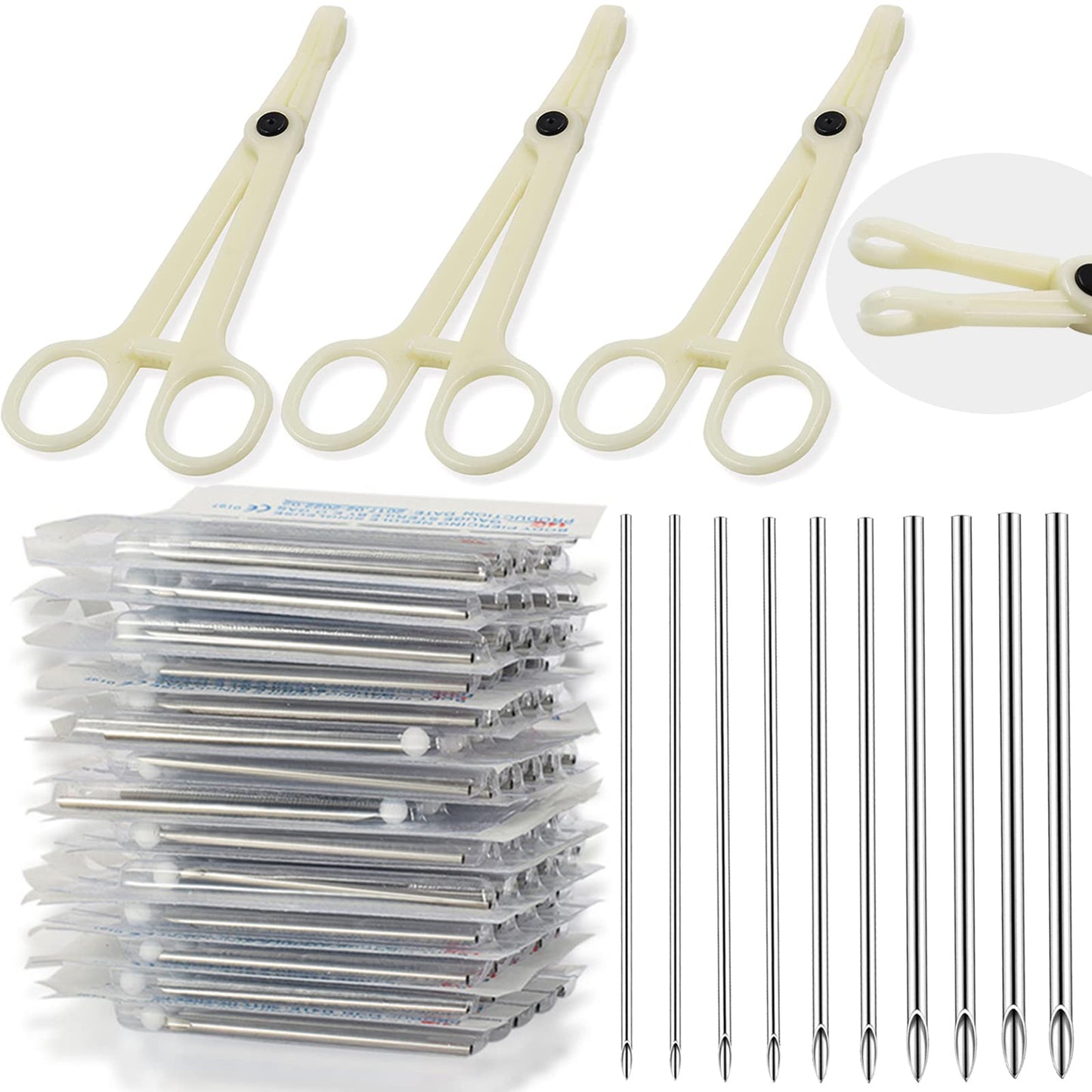Lyuxzad Ear Nose Piercing Needles and Piercing Clamps Kit 75Pcs 50Pcs Mix Piercing Needles 12G 14G 16G 18G 20G Hollow Needles and 25Pcs Round Slotted Piercing Forceps for Ear Nose Belly Piercing Kit