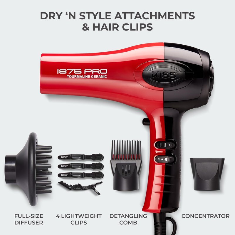KISS 1875 Watt Pro Tourmaline Ceramic Hair Dryer, Styling Edition, 3 Heat Settings, 2 Speed Settings, Cool Shot Button, 7 Blow Dryer Accessories Included, 2-Year Warranty - Red