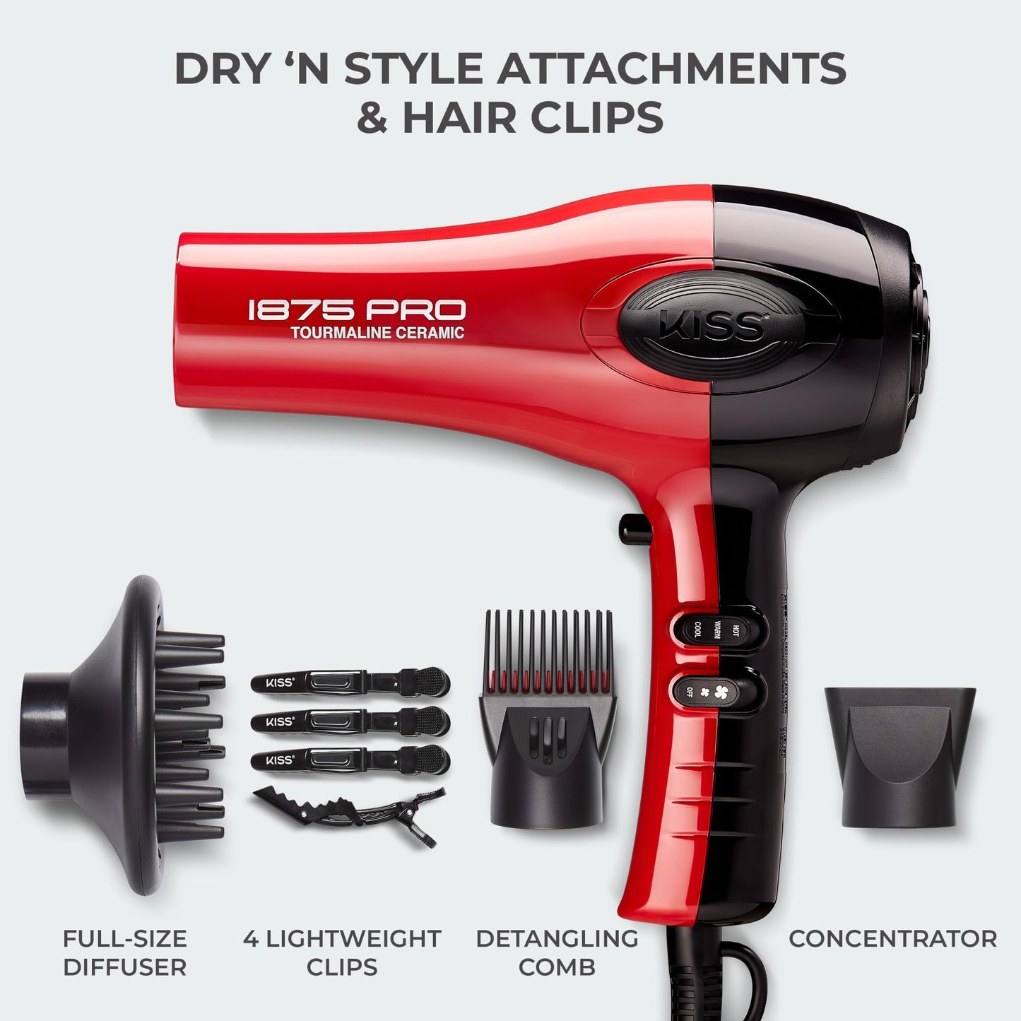 Kiss 1875 Watt Pro Tourmaline Ceramic Hair Dryer, Styling Edition, 3 Heat Settings, 2 Speed Settings, Cool Shot Button, 7 Blow Dryer Accessories Included, 2-Year Warranty - Red