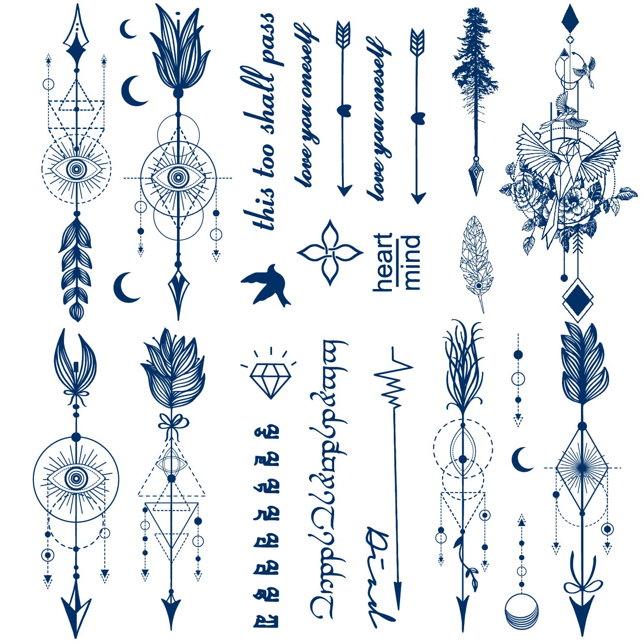 Arrow Semi-Permanent Tattoo Stickers | 6 Sheets of Long-Lasting Feather & Letter Designs | Waterproof & Plant-Based Ink