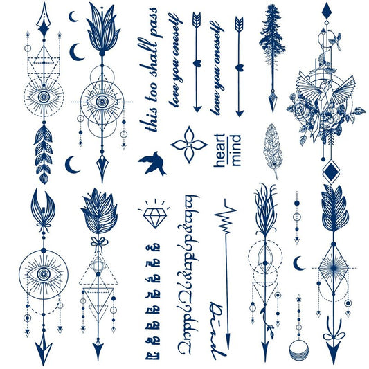 Arrow Semi-Permanent Tattoo Stickers | 6 Sheets of Long-Lasting Feather & Letter Designs | Waterproof & Plant-Based Ink