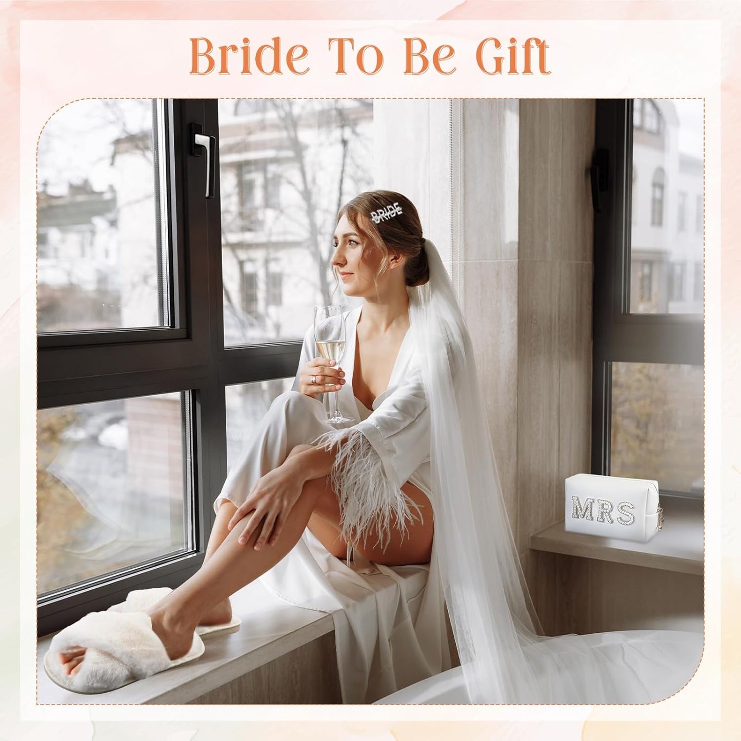 Bride To Be Gift Basket - 17 Pcs Bridal Shower Set with Makeup Bag, Slippers, Sash & More | White