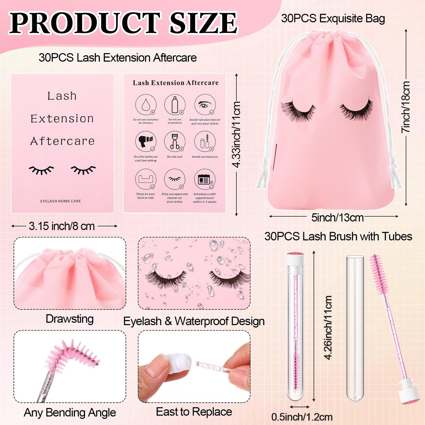 Zhehao 150 Pcs Lash Shampoo Kit Bottle Brushes Bulk 30 Eyelash Dispensers 30 Lash Shampoo Brushes 30 Reusable Aftercare Bag 30 Eyelash Pipes 30 Extension Aftercare Cards(Pink)