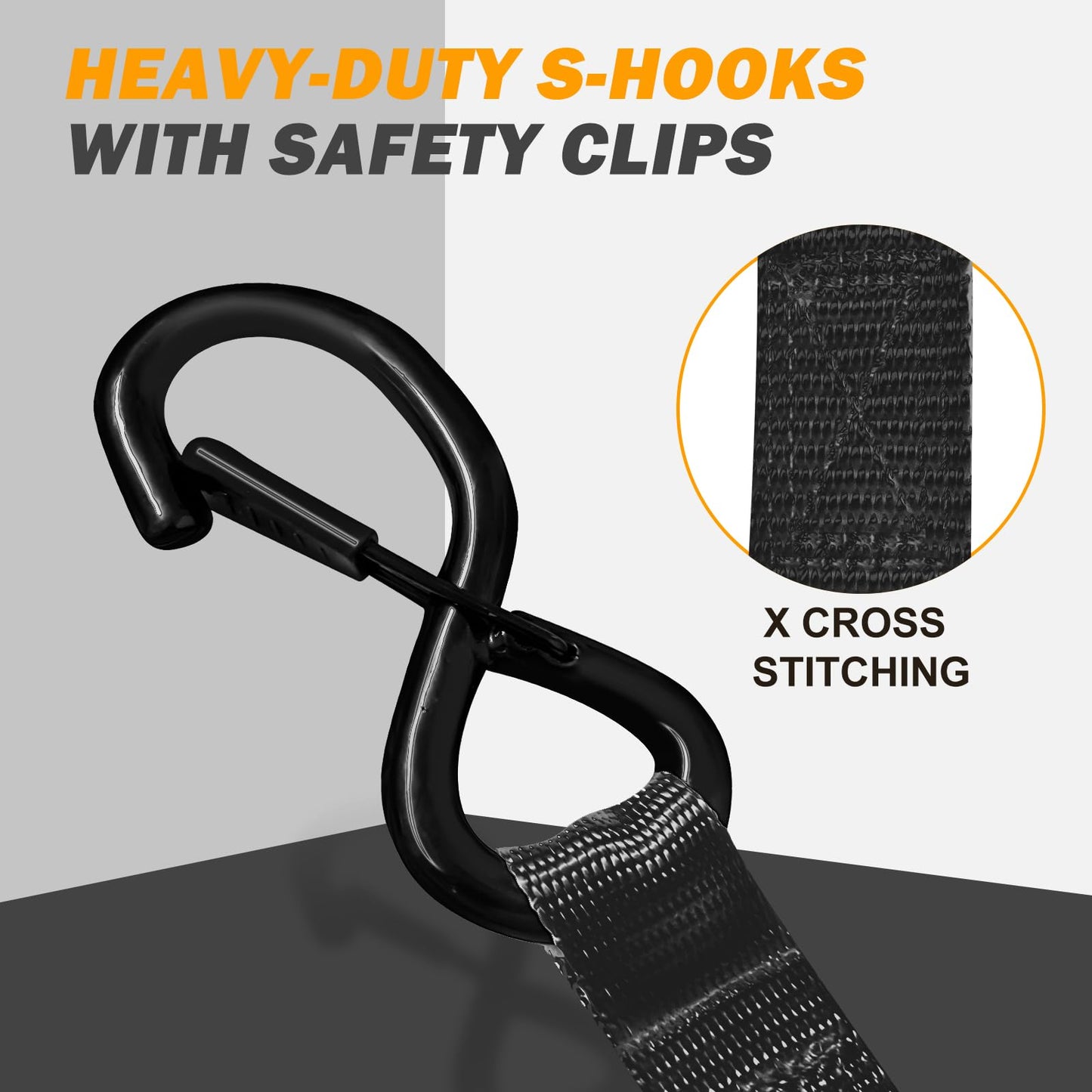 Motorcycle Tie Down Straps 1" x15' (4-Pack), Waterproof Carry Bag 2200lb Break Strength with Soft Loops & Coated S-Hooks for Truck, Trailer, ATV, UTV, Boat (Black)