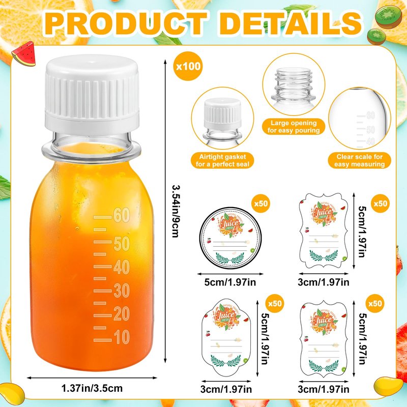 LemonRoad 100 Pcs 2oz Small Plastic Juice Bottles with Black Cap Mini Reusable Clear Shot Jar with Lid Scale and Label for Ginger Liquid Drink Milk Beer Coffee Storage Container Portable Travel