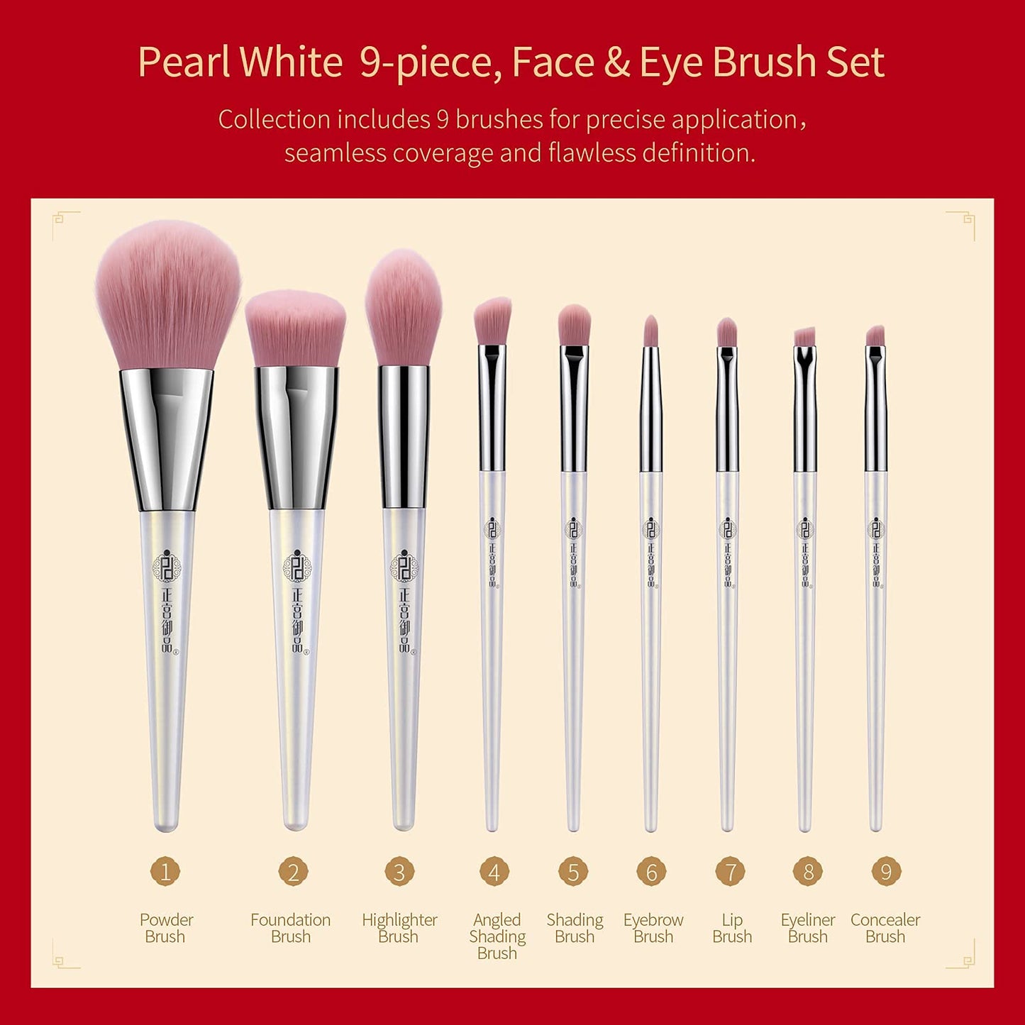 ZEESEA [Palace Identity] Make up Brushes Set 9PCs Premium, Cruelty-Free Soft Basf Fiber Bristles For Foundation Blending Face Powder Blush Eye Shadow Concealer,Travel Makeup bag Included (Pearl White)