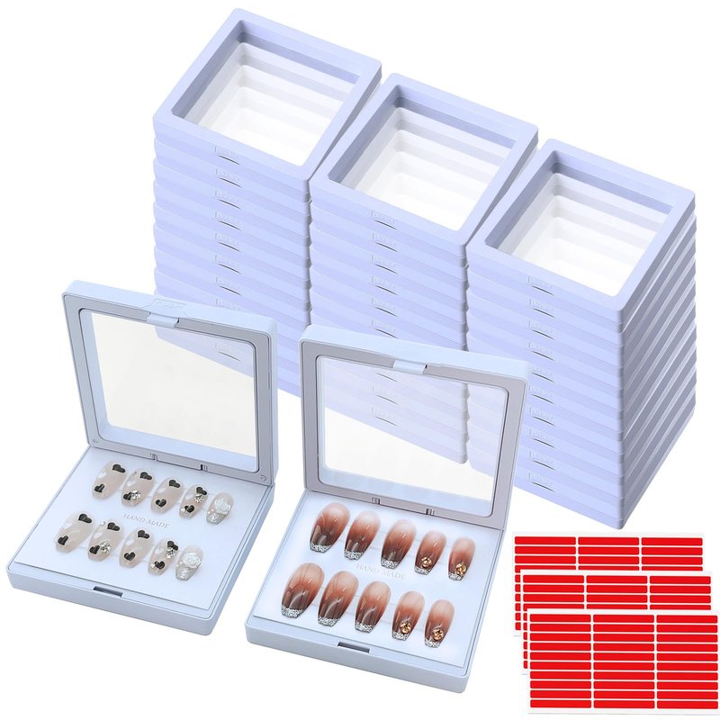 GUXACU 32 Pack Press On Nail Packaging Boxes - 3D Floating Storage and Display Box With 90pcs Double Sided Adhesive Tape for Nail Tech