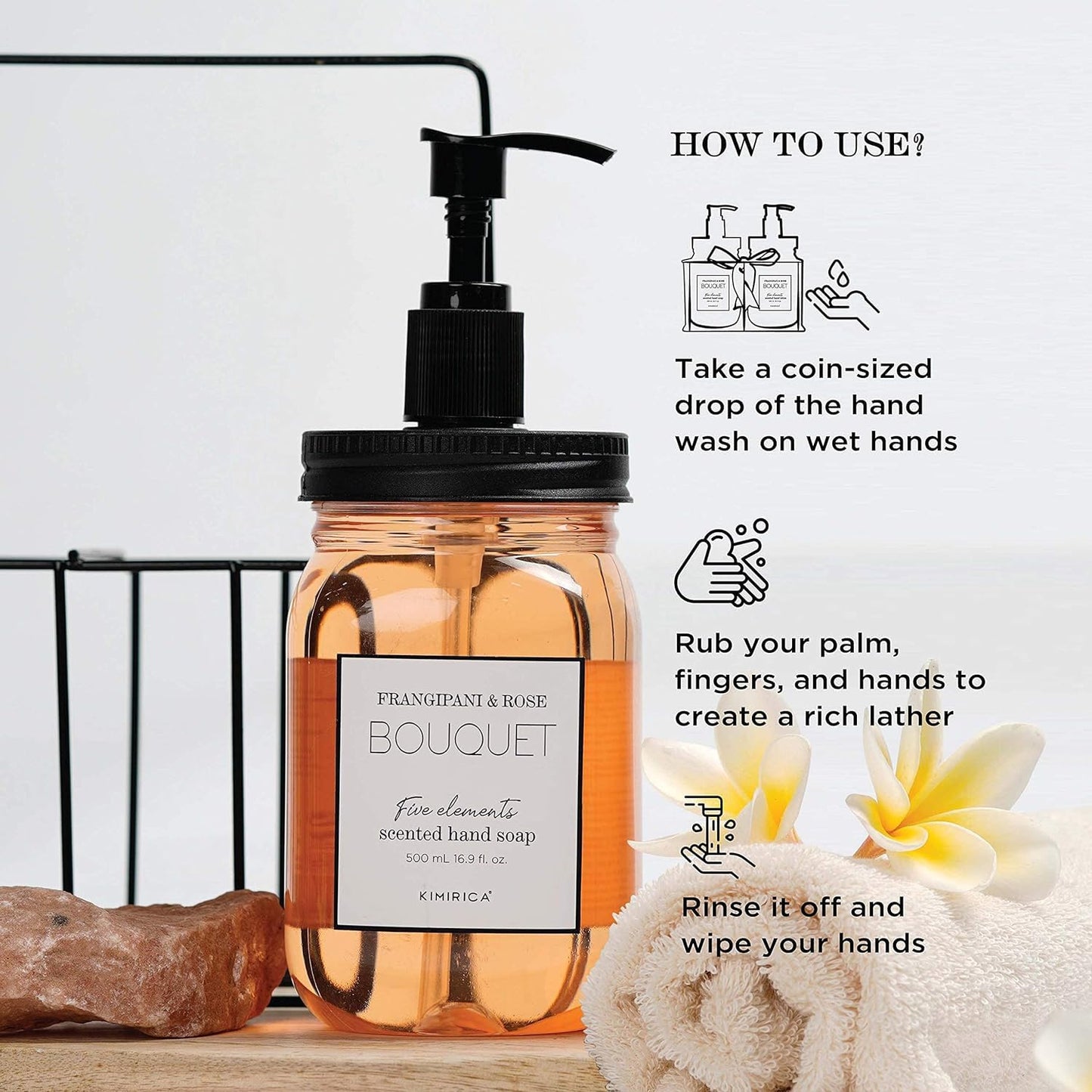 Kimirica Frangipani & Rose Scented Bouquet Hand Soap | Keep Hands Clean, Soft and Well Moisturized | Gentle, Natural & Plant Based Formula | 16.91 Fl Oz/500 ml