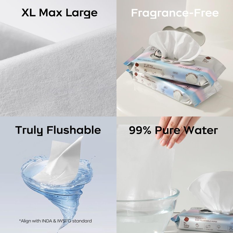 Bc Babycare Cloud Max Flushable Wipes, Hypoallergenic for Sensitive Skin, 99% Water, Plant-Based Fibers, Sewer + Septic Safe, Fragrance Free Toddler Potty Training, 42 Wipes, 3 Packs