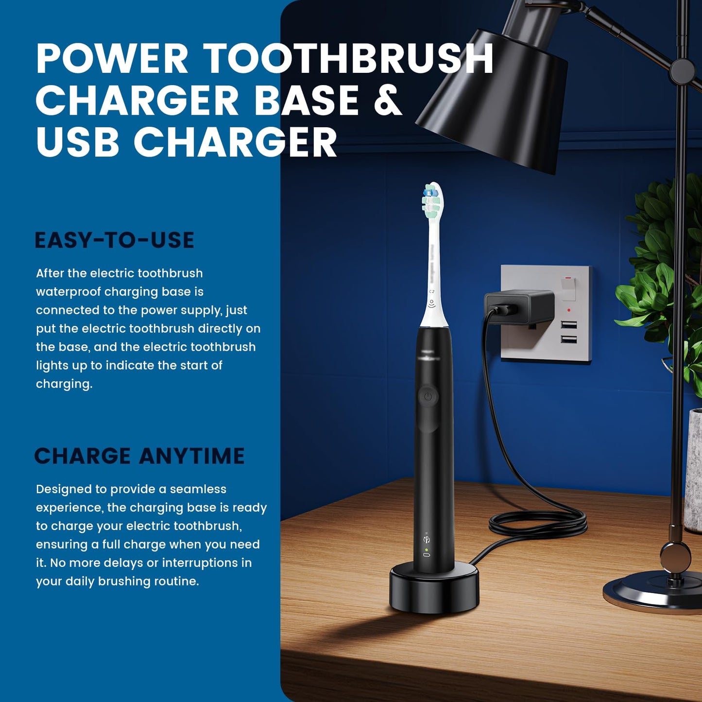 Replacement Charger Base Compatible with Philips Sonicare 5900 5500 5300 4100 3100 2100 1100 Series Rechargeable Electric Toothbrush HX3681 Power Brush USB Waterproof Charging Base Power Cord - Black