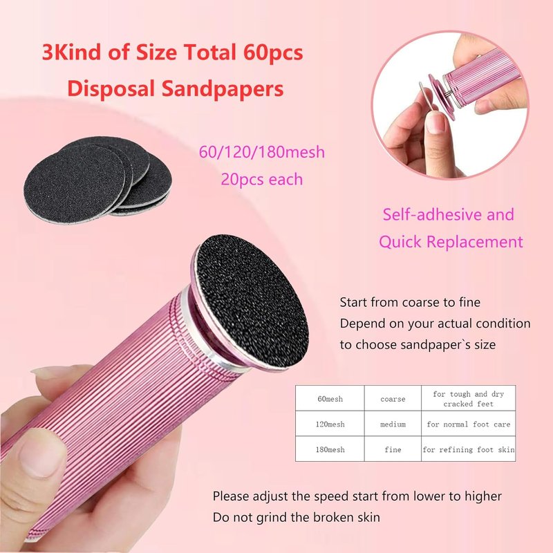 Electric Foot Callus Remover - 1200RPM Adjustable Speed | Aluminum File with 60 Sandpaper Discs - Pink