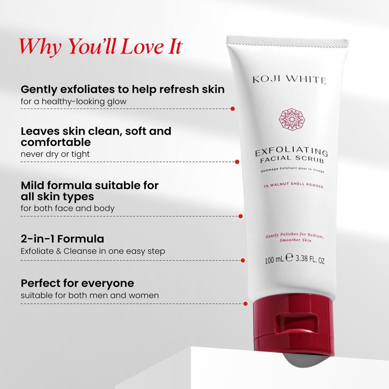 Koji White Exfoliating Facial Scrub | Kojic Acid Face Wash, Gentle Daily Scrubber & Exfoliator for Radiant with 1% Walnut Shell, AHA, Hyaluronic Acid for Uneven Skin Tone, Vegan Skincare, 3.38 Fl Oz