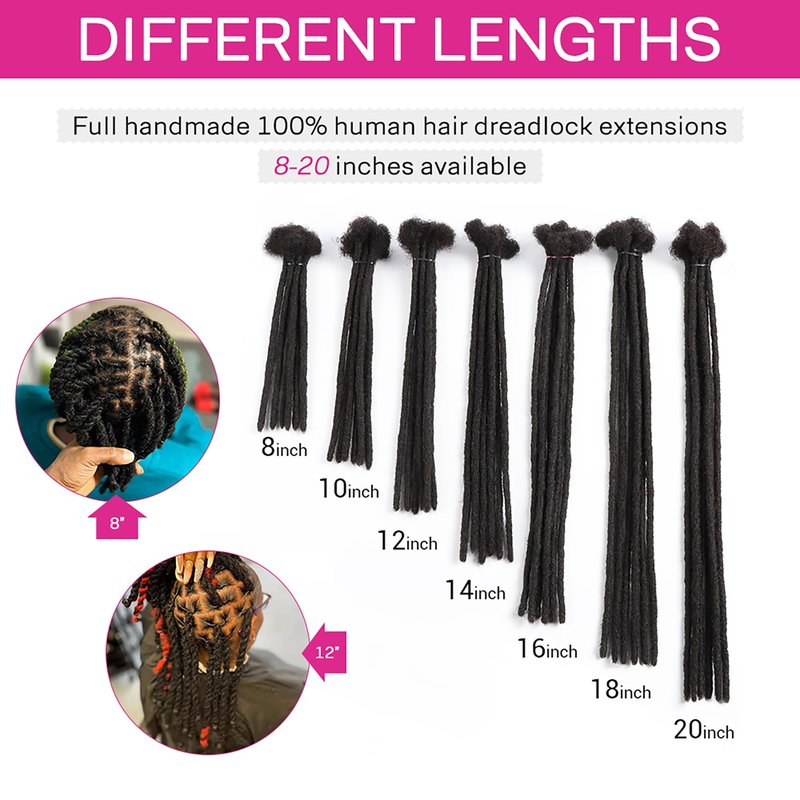 Orientdreads Human Hair Natural Color Handmade Crochet Afro Hair Soft Dreadlocks Extensions 0.4cm 0.6cm 0.8cm Thickness (8in 20 strands, Natural black 0.8cm)