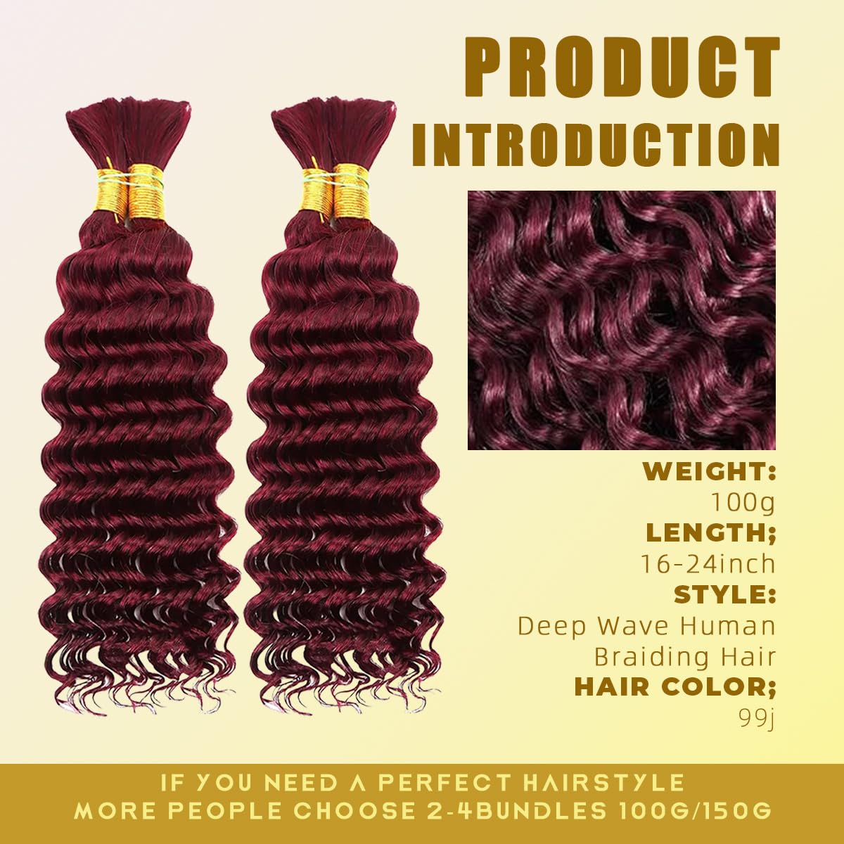 Human Braiding Hair for Boho Braids 16 Inch 110g 2 Bundles/Pack Deep Wave 12A Curly Brazilian Virgin Hair Extensions No Weft Knotless Bulk 1B Black (Deep Wave - 99j, 16 Inch - 110g)
