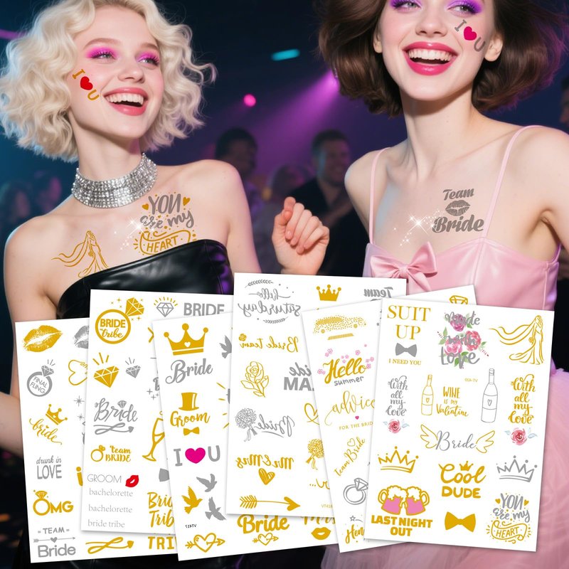 6 Sheets Gold Silver Temporary Tattoos for Women Men – Metallic Tattoo Stickers for Bachelorette Party, Bridal Shower, Wedding Celebrations, and Team Bride Events – Waterproof Fake Tattoos
