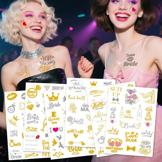 6 Sheets Gold Silver Temporary Tattoos for Women Men – Metallic Tattoo Stickers for Bachelorette Party, Bridal Shower, Wedding Celebrations, and Team Bride Events – Waterproof Fake Tattoos