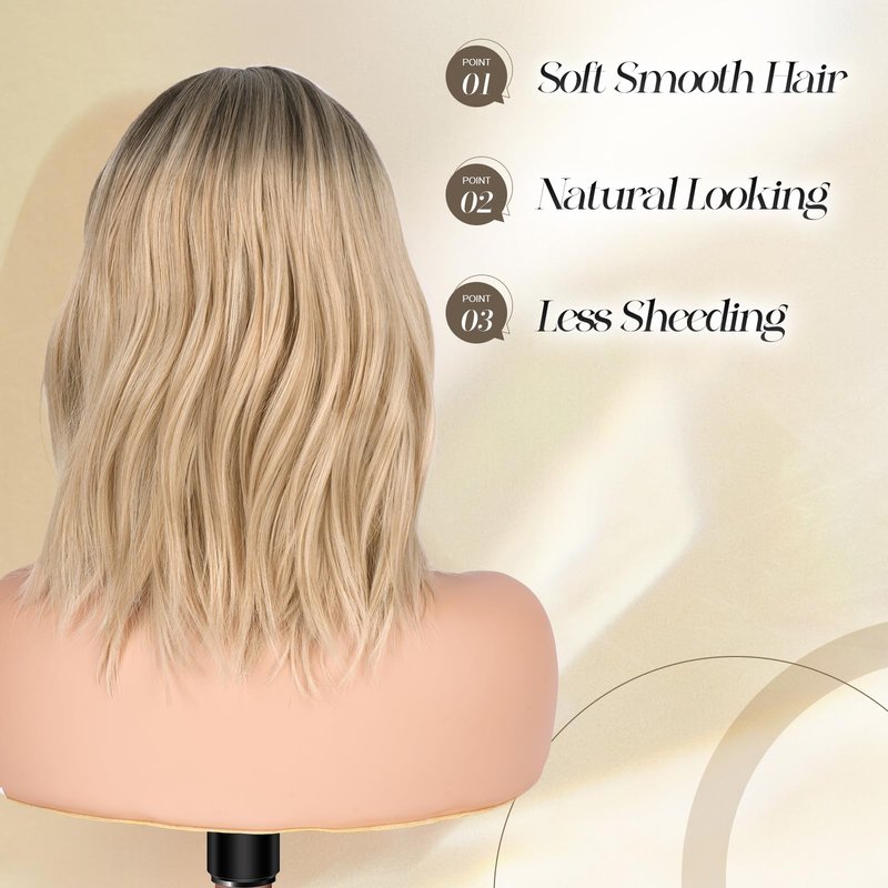 FESHFEN Shoulder Length Wigs with Bangs - Ombre Blonde Natural Looking Wavy Medium Length Synthetic Hair Bob Wig for Women Daily Party Use, 14 inch