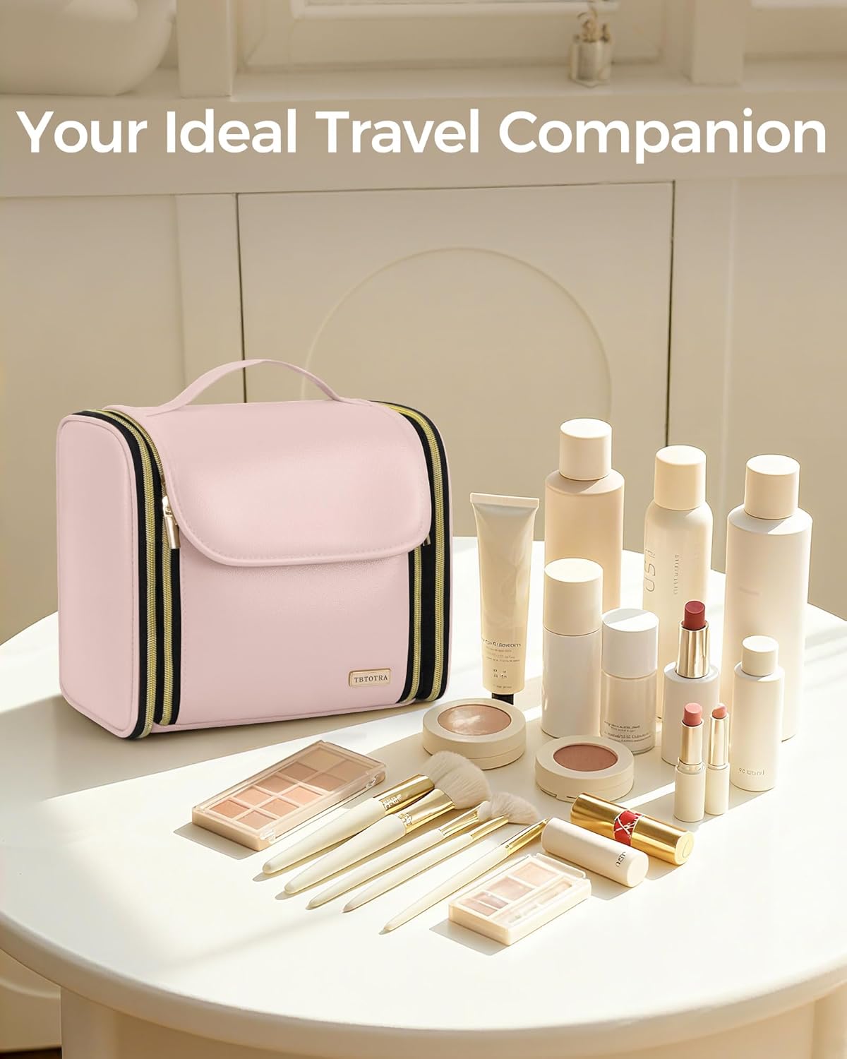Large Capacity Hanging Toiletry Bag - PU Leather Makeup Organizer with Jewelry Compartment | Pink