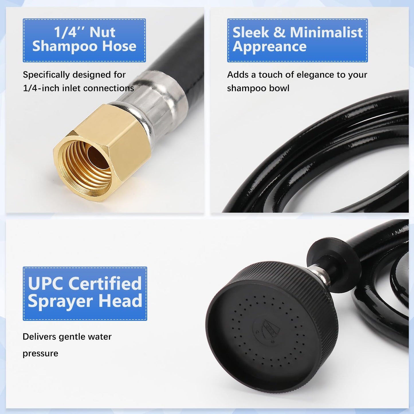 ZKDAUSDO UPC Certified Salon Shampoo Bowl Sprayer Head Hose Kit - 1/4" Thread to Attach Shampoo Bowl Faucet for Barber Shop Spa, Black Rubber Salon Sink Shampoo Bowl Hose Replacement Part