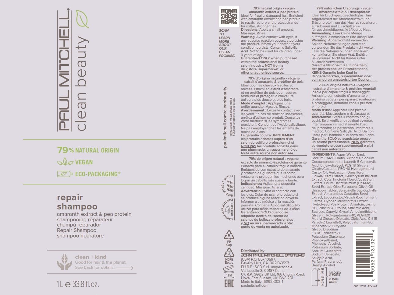 Paul Mitchell Clean Beauty Repair Shampoo, Strengthens and Protects, For Damaged, Brittle Hair, 33.8 fl. oz.