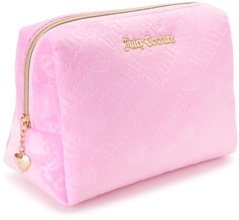 Juicy Couture Pink Makeup Bag Cosmetics Organizer Travel Essentials Zip Top Wedge Velour Heart