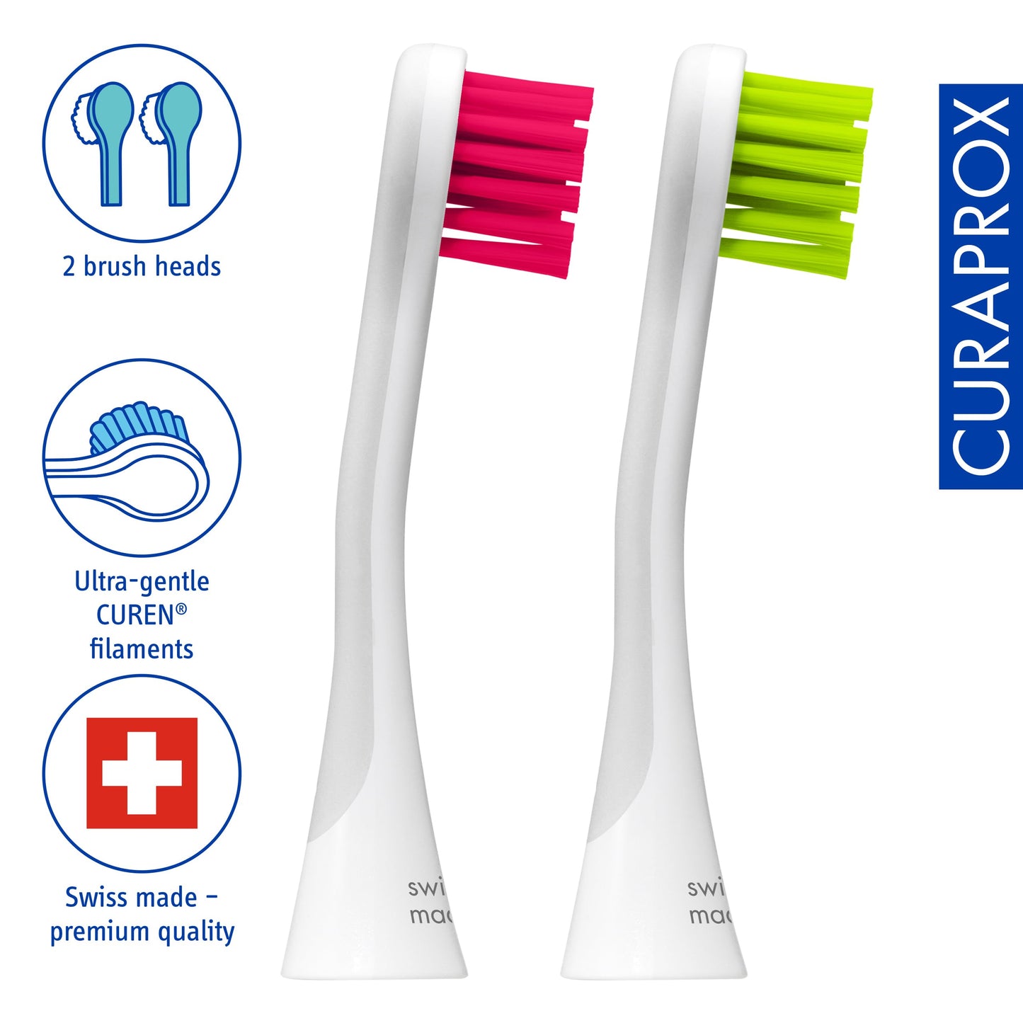 Curaprox Hydrosonic Brush Heads Rainbow Sensitive Duo – for Gentle Gum Care & Precise Cleaning | Magenta/Green, 2-Pack | Compatible with All Curaprox Sonic Models | Swiss Made