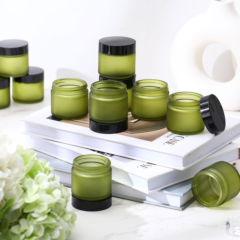 Domensi 32 Pcs 2 oz Glass Jars with Lids Travel Size Round Leakproof Empty Cosmetic Jars with Inner Liners Lid for Storing Makeup Lotions Face Cream Ointments DIY Making (Pea Green)