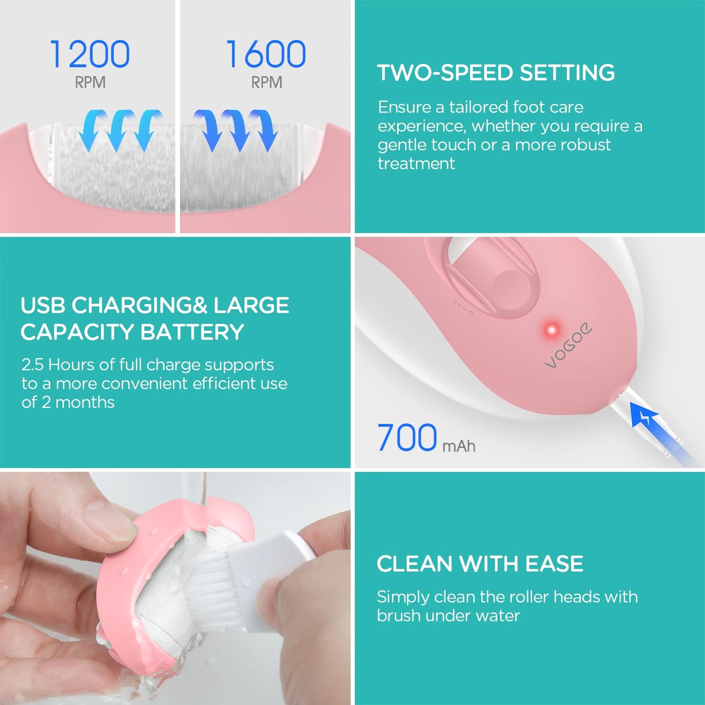 VOGOE Electric Callus Remover for Feet, Rechargeable Foot File Pedicure Tools with 3 Rollers & 2 Speeds, Professional Feet Scrubber Remover Foot Care for Calluses, Cracked Dry Dead Skin CR310 Pink