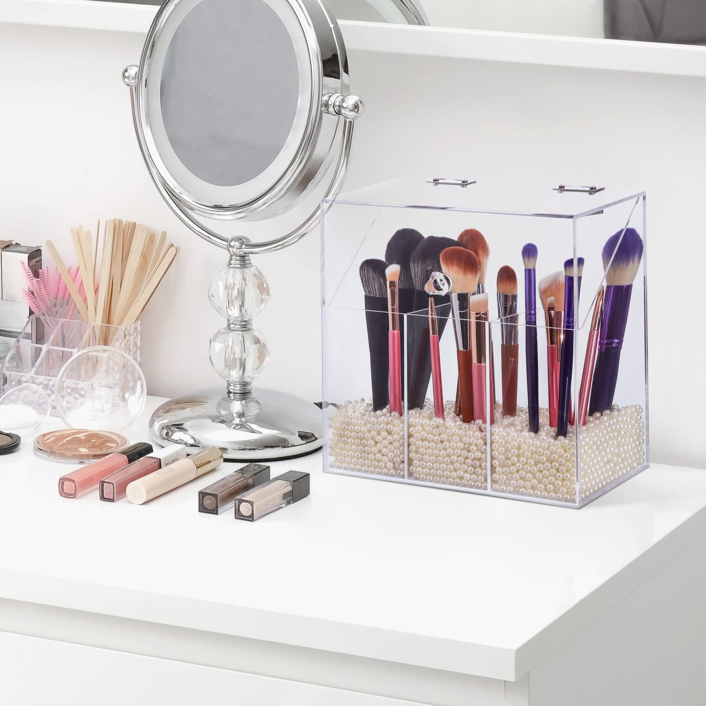 LOHRYVIO Acrylic Makeup Brush Holder with Lid - Clear Cosmetic Makeup Brush Organizer and Storage Box with Cover for Vanity - Large Capacity 3-Slots Container for Brushes (Clear)