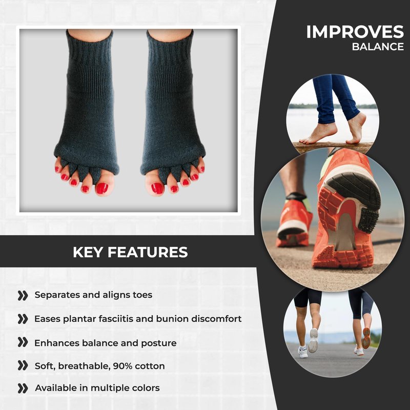 Hydrothotics Happy Feet Toe Alignment Separator Socks, Prevent Foot Cramps and hammertoes, Comfortable Toe Separator Massage Socks (Black)