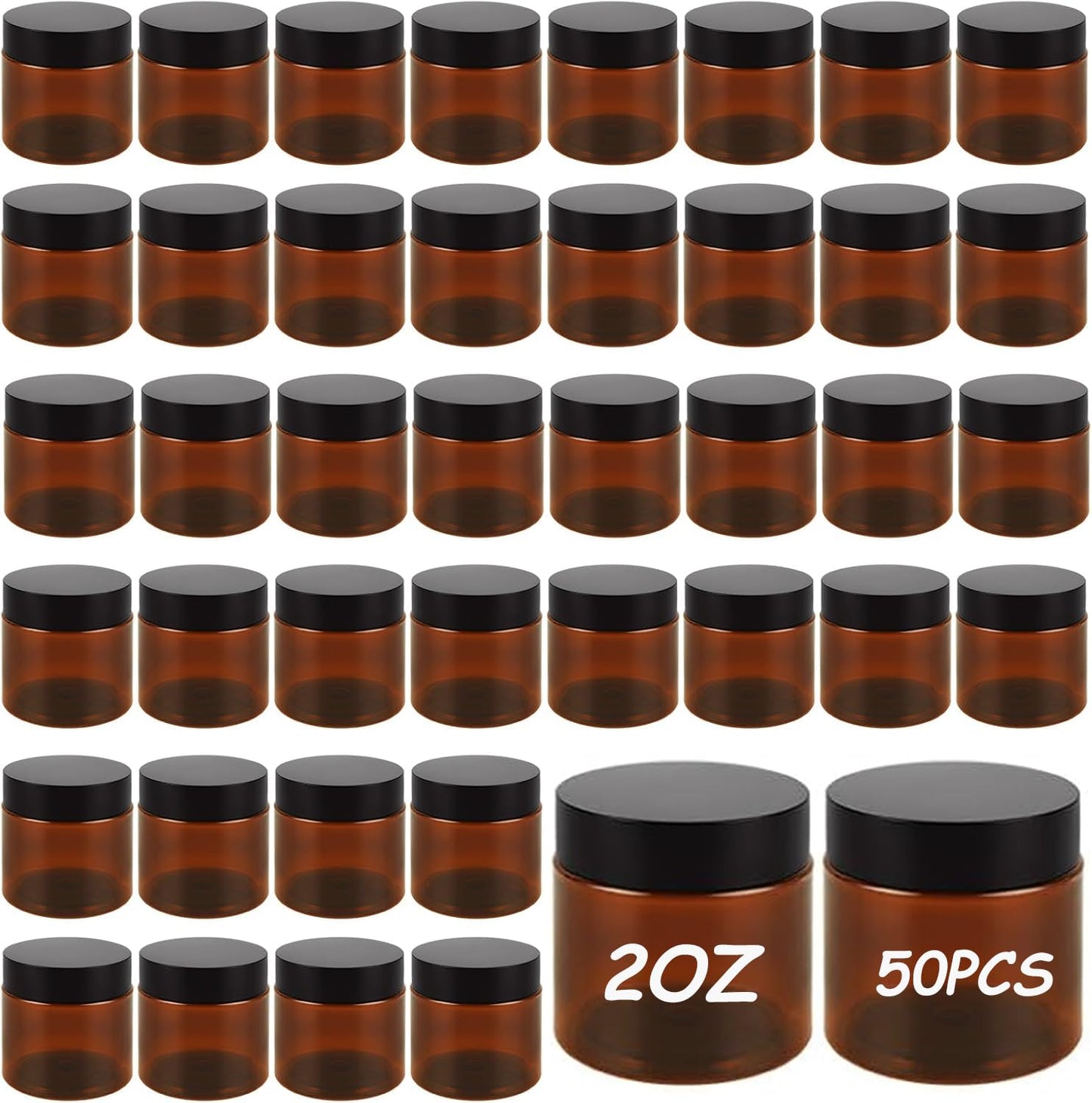 GBACHOOSE 50 Pack 2 oz Amber Plastic Jars with Lids, Round Cosmetic Jars Refillable Makeup Containers for Cream, Lotion, Powder, ointment, Beauty Products etc