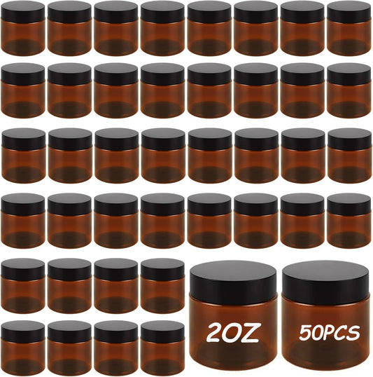 GBACHOOSE 50 Pack 2 oz Amber Plastic Jars with Lids, Round Cosmetic Jars Refillable Makeup Containers for Cream, Lotion, Powder, ointment, Beauty Products etc