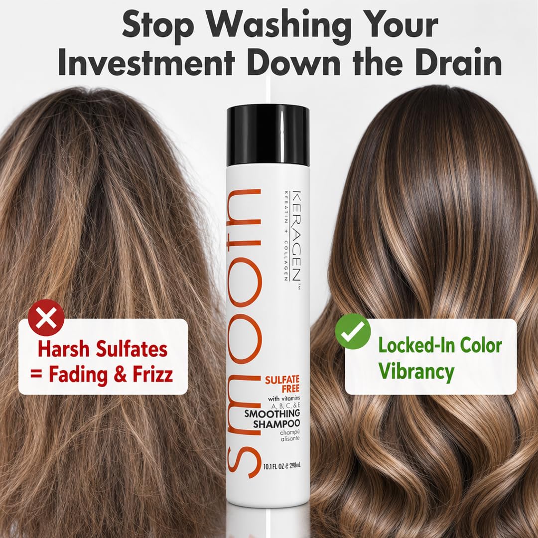 KERAGEN Sulfate-Free Smoothing Shampoo – Dual-Protein Formula for Color-Treated & Damaged Hair | Frizz Control, Heat Protection | Professional & At-Home Use | Made in USA | 10 oz